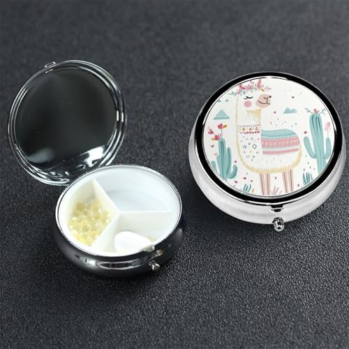Pill Box 3 Compartment Medicine Pill Case for Pocket or Purse Mini Metal Pillcase Cute Hand Drawn Llama Pill Holder Vitamin Organizer Portable Travel Pills Container to Hold Supplements Vitamins