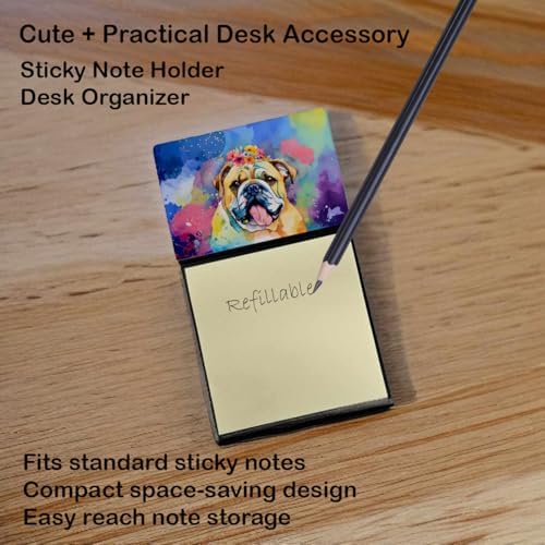 Caroline's Treasures English Bulldog Hippie Dawg Sticky Note Holder Refillable Dispenser Self-Sticky Note Pads, Memo Pads Blank Desk Accessories