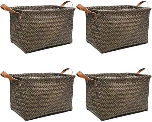 GIB Wicker Woven Storage Baskets for Organizing Blankets Laundry Shelves | Clothes Hamper, Large Closet Storage Bins Organizer, Living Room Toys Shoes Organization, Plastic Rattan, Espresso, 4 Pack