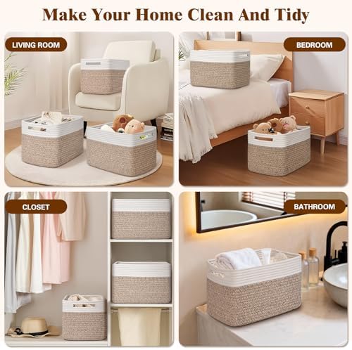 Storage Baskets for Organizing, 4 Pack Baskets for Shelves, Decorative Storage Bins for Shelves, Cotton Rope Storage Basket with Handles, Woven Basket for Storage, 13''Lx8.7''Wx7.9''H, White & Brown