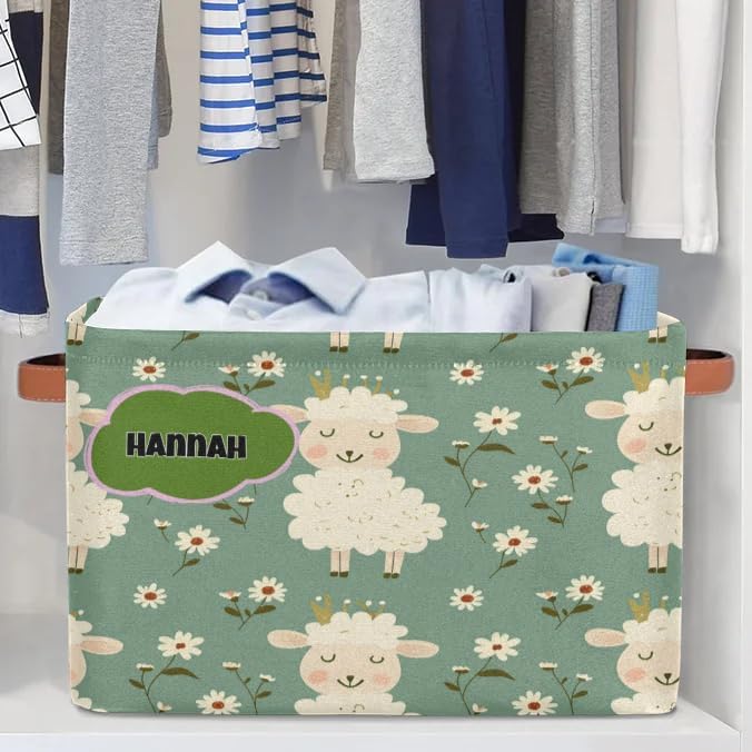Personalized Kids Toy Box Name, Custom Nursery Baskets Cubes Box, Kids Custom Storage Basket Laundry Baskets Organizer with Handles, Cute Sheep with Daisy Floral
