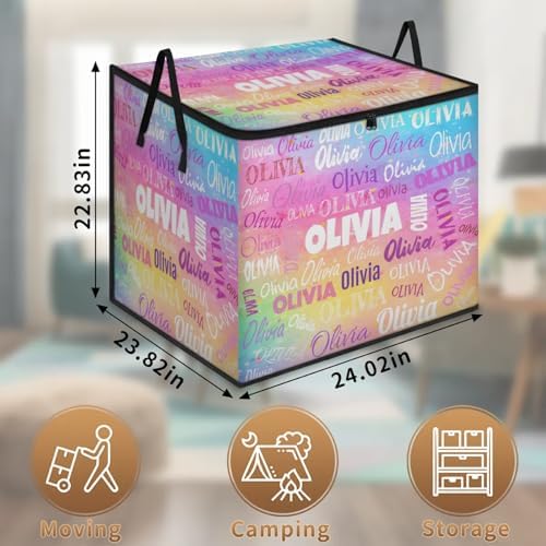 Personalized Extra Large Storage Basket with Lid, Comforters, Watercolor Painted Rainbow Colorful Bedding Storage Bin for Home, Collapsible Basket for Clothes, Moving, Car Trunk