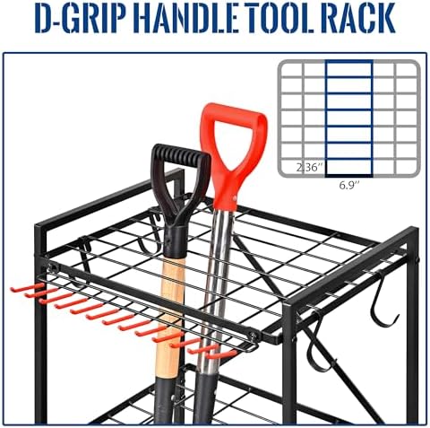 Mythinglogic Rolling Garden Tool Organizer for Garage and Yard Tools | Metal rolling rack with multiple tool slots, movable hooks and locking casters for rakes, shovels, brooms and yard tools