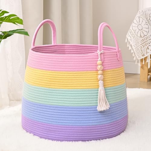 Large Nursery Hamper, 60L Blanket Basket with Handle, Baby Laundry Basket for Gift, Toy, Clothes, Woven Storage Basket with Wooden Bead Decor, Baby Hamper for Nursery(Rainbow)