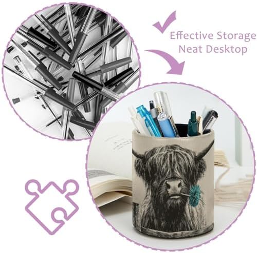 Faux Leather Pen Holder for Desk, Pencil Organizer Highland Cow Pen Cup Desk Decor Makeup Brush Holder Storage for Office Home