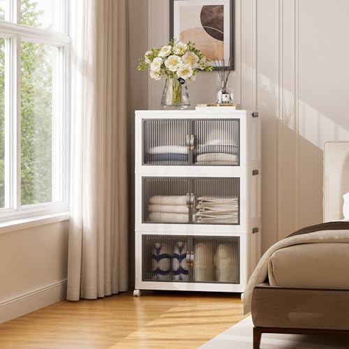 SAILUN 348Qt Stackable Storage Bins,Storage Cabinet with a Lid,3 Pack White