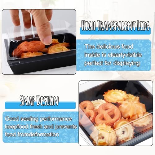 50 Pack Small Charcuterie Boxes with Clear Lids,5 inches Disposable Food Containers,Black Dessert Boxes with Thank You Stickers,Bakery Box for Sandwich, Strawberries,Cookie,Cake Slice(Black)