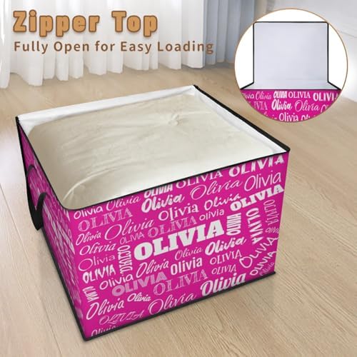 Personalized Storage Bags with Lid Large Blanket Clothes Rosy Pink Organization and Storage Containers for Comforters,Bedding, Foldable Organizer with Reinforced Handle