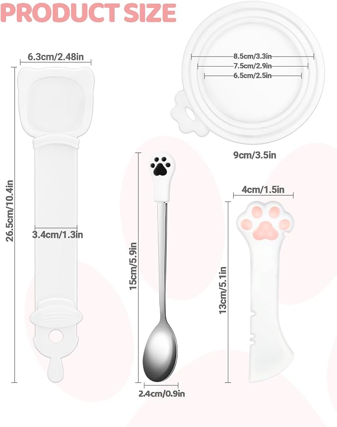 5 PCS Cat Food Can Covers Lids Set, Silicone Pet Food Can Lids with Multi-Function Cat Food Spoon and Opener, Cat Bar Squeezer, Stainless Steel Wet Food Spoon for Cats and Dogs (Pink) (White)