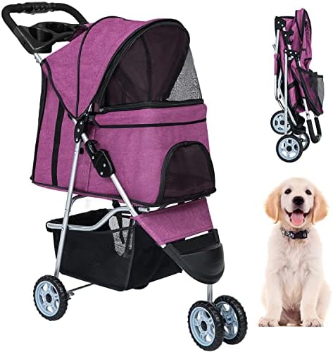 BestPet | 3-Wheel Foldable Pet Stroller | Purple | Lightweight & Portable | Travel Carrier with Mesh Windows, Storage Basket, Cup Holder, Safety Brakes, and Waterproof Fabric | For Small Dogs and Cats