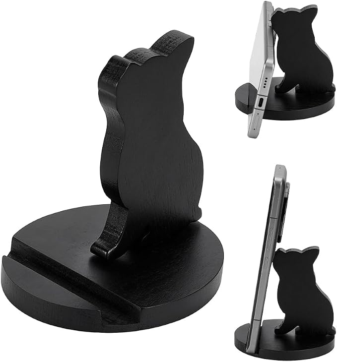 NBEADS Cell Phone Tablet Wooden Stand, Animal Phone Holder Dog Decorative Smartphone Desk Holder with Non-Slip for Various Models of Mobile Phones and Tablets, Black