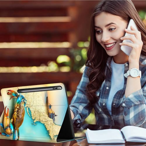 for Samsung Galaxy Tab S9 11 Inch/S9 FE 10.9 Inch 2023 Case | Slim Leather Smart Cover with Multi-Angle Anti-Slip Stand [Auto Wake/Sleep] Shell for Women Men, Map Crab