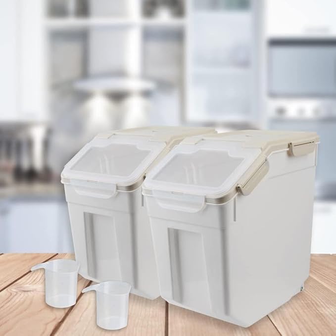 25LB Large Flour Storage Container Bin,4 Pack Airtight Plastic with Wheels Seal Locking Lid Dispenser Organizer Storage Bin with Measuring Cup & Scoop for Flour, Rice, Grain 100LBS Total，Grey
