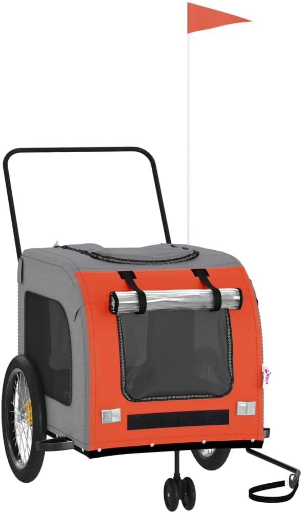 Pet Bike Trailer Orange and Gray Oxford Fabric Dog Bicycle Trailer with Iron Frame, 3-Wheel Pet Cargo Carrier for Small Dogs and Groceries, Includes Safety Flag and Reflectors