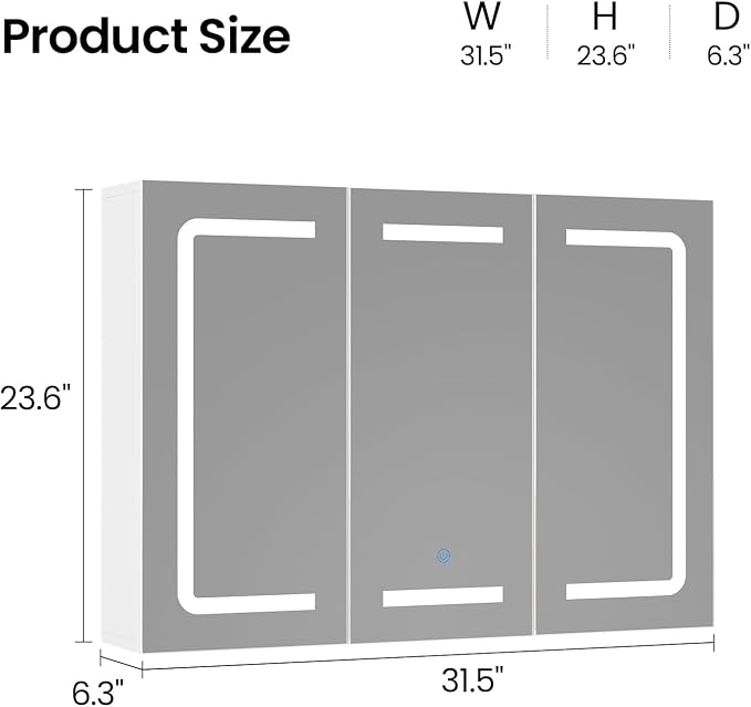 Medicine Cabinet Organizer with Mirror, Lighted Bathroom Medicine Cabinet with Storage, 3 Doors Bathroom Wall Cabinet with LED Lights, Adjustable Shelves & Outlets, 31.5'' x 23.6'', White
