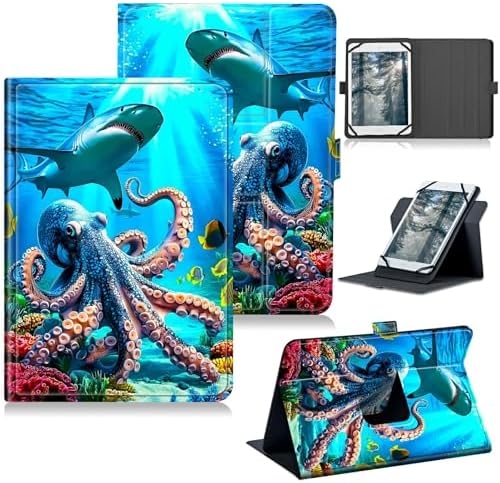 Universal Case for T-Mobile Revvl Tab 2 10.1" Model:9185W 2025/Revvl Tab 5G 10.36" 2023, 360 Degree Rotating Kickstand Protective Stand Leather Shell Cover for 9"-10.5", Underwater Octopus