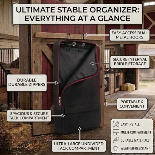 Hanging Bridle Bag, Horse Tack Storage with Hooks, Black Red | Hanging bridle bag, horse tack carry case, halter storage organizer, barn equipment container, equestrian travel pack