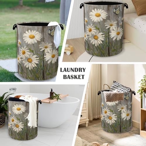 Vintage Daisy Laundry Basket,Wooden Butterfly Oxford Cloth Laundry Hamper with Handle Foldable Portable Clothes Storage Basket for Bathroom Bedroom Dorm Room 16" x 20.8"