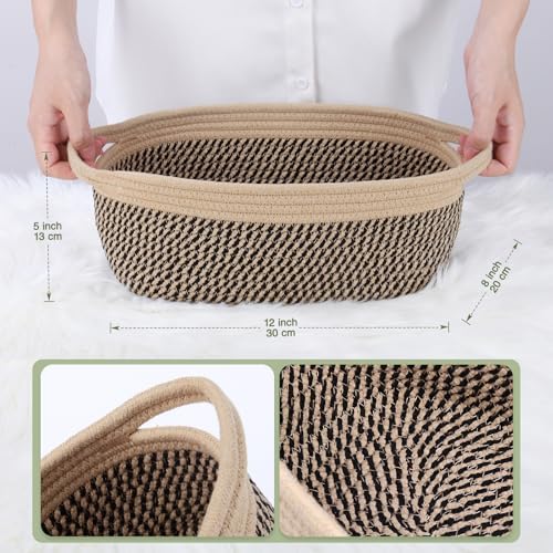 Large Gift Basket Empty with Handles, 12x8x5 inch - Medium Woven Rope Bin for Adult, Men, Boys, Pet Toys, Shelves - With Gift Bag & Ribbon, Washable, Resuable - Dark Brown