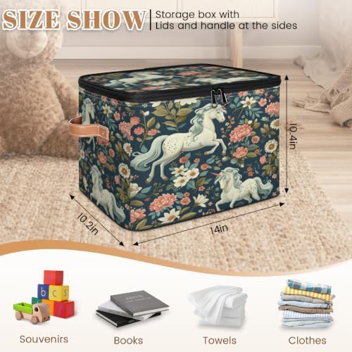 Floral Horse Storage Box with Zipper Lid | Collapsible, Fabric, Storage Bin, Handle, Large, Closet Organizer, Containers, Bedroom, Home, Horse