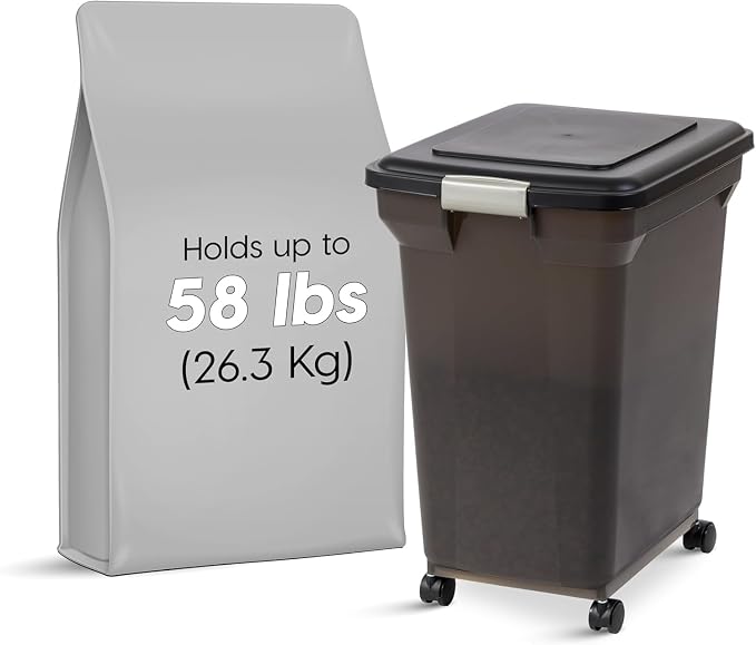 IRIS USA Dog Food Storage Container, Up to 58 lbs, Smoke Black, Made in USA | Wheels for Mobility, Airtight Seal, BPA-Free, Best for Bird Seed, Cat food, Cat Litter, Chicken Feed, Pellets