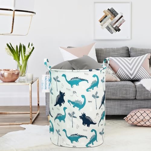 Round Laundry Basket Collapsible Storage Hamper Organizer Full Dinosaur | Waterproof Canvas Foldable Baskets with sturdy Handles Multi-scene Organizer for Home Play Bedroom Gift Bin