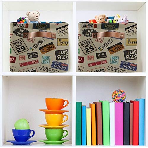SEULIFE Vintage Car Number Plates Foldable Storage Basket, Large Collapsible Organizer Storage Bin Cube Toys Storage Boxes with Handles for Bathroom Kids Nursery Closet Storage, 2 Pack