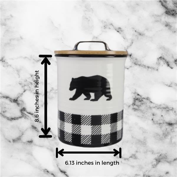 Young's Ceramic Treat Jar with Airtight Lid, Black and White Buffalo Plaid Bear Dog Treat Container, Decorative Cat Food Storage Canister