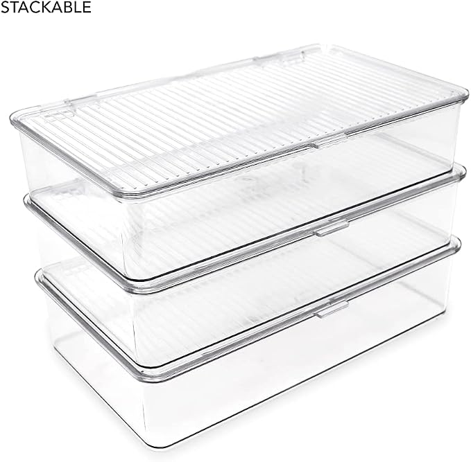 Isaac Jacobs Small Stackable Organizer Bin (10.75” x 6.5” x 2.4”) | With Hinged Lid, Clear Storage Box Home Office School Fridge Bathroom Kitchen Pantry Container BPAFree Food Safe