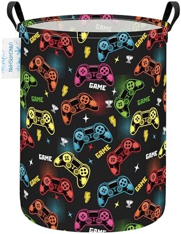 Round Laundry Basket Collapsible Boys Storage Hamper Organizer Game | Waterproof Canvas Foldable Baskets with sturdy Handles Multi-scene Organizer for Home Play Bedroom Gift Bin
