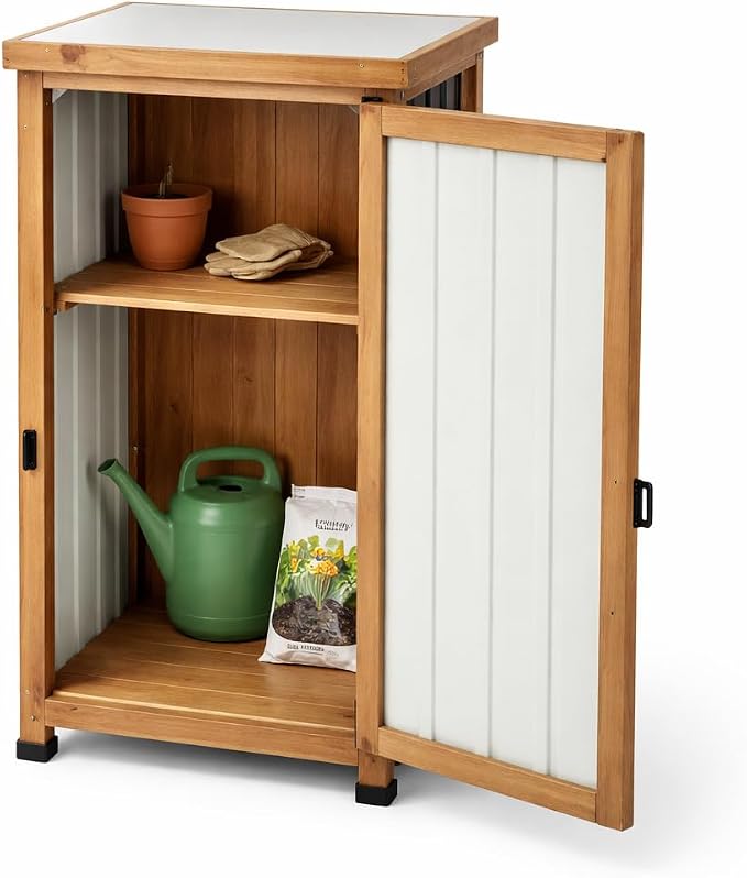 Ketive 33.5" H Small Storage Corner Floor Cabinet, 2 Shelf Narrow Storage Unit with Adjustable Shelves, Metal Top for Organizing Garage, Pool, Laundry Room,Planting Work Station or Small Spaces