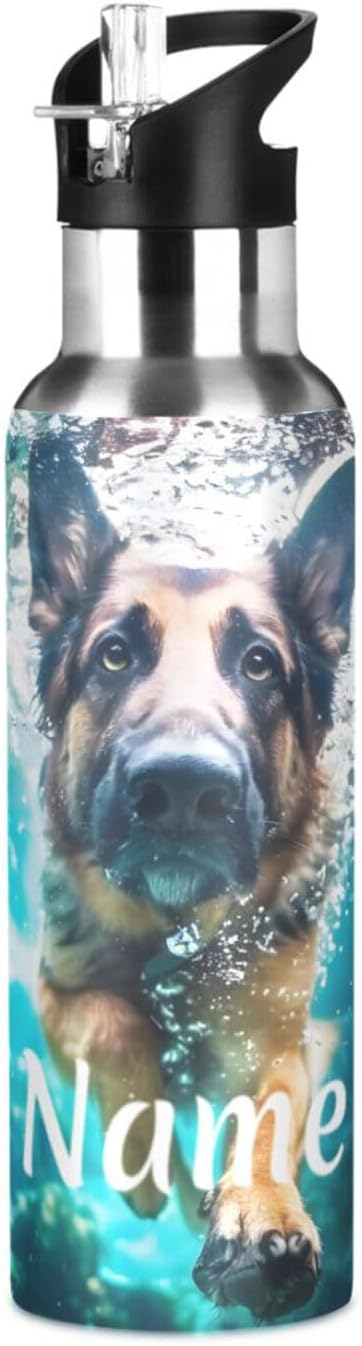 Custom Name German Shepherd Dog Underwater Water Bottle with Straw Lid Kids Insulated Stainless Steel Water Flask Sports, 20 Oz Hot Cold