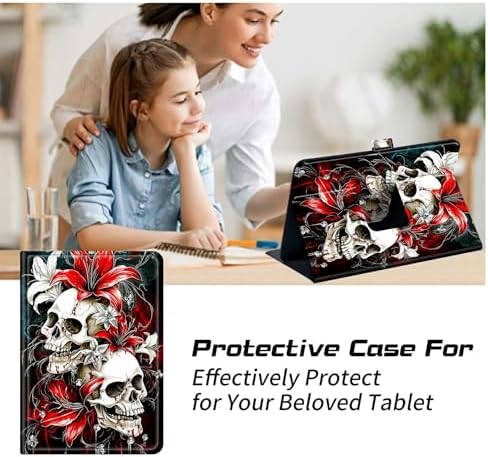 Universal Tablet Case for T-Mobile Revvl Tab 2 10.1" 2025/Revvl Tab 5G 10.36" 2023, 360 Degree Rotating Kickstand Protective Stand PU Leather Shell Cover for 9"-10.5", Red Lily Skull
