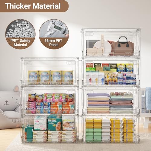 BROVIEW 320Qt Stackable Storage Bins with Lids Wheels, XL Clear Plastic Drawers Foldable Closet Organizers and Storage Cabinet Display Box Shelves with Front & Back Doors, for Home Office Garage,4Pack