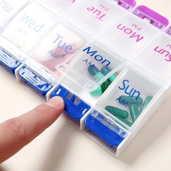 Daily Pill Case Organizer, 7-Day Weekly Medicine Planner Organizer | AM PM, Large Tray 14-Compartment Meds Box Container Pill Holder for Medication, Vitamin, Supplement, Fish Oil, Purple + Blue