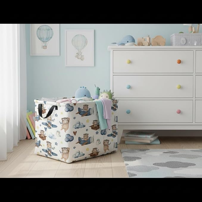 Rectangular Kids Basket Baby Girl Basket Fabric Storage Bin Organizer Box Room Decor(Bear Pilot)
