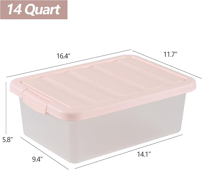 Wekioger Set of 2 Versatile Organizer Container Bin with Pink Lid, 14 Quart