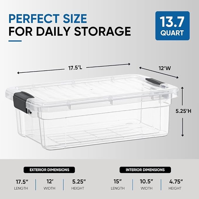 Superio 13.7 Quart Clear Plastic Storage Bin with Lid, Stackable Organizer Box, BPA-Free Storage Container for Home, Garage, School & Office, 2 Pack