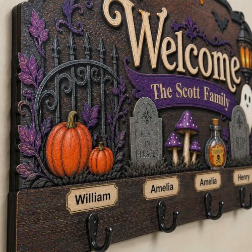 Personalized Halloween Key Holder, Custom Wooden Family Name Décor | Decorative Halloween Sign with Hooks, Family Name Sign, Spooky Wall Holder, Pumpkin Front Door Accent, House Key Hanger