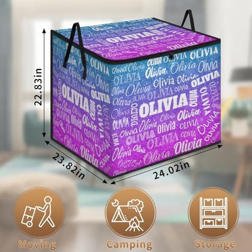 Custom Comforters Storage Basket with Lid, Personalized Name Large Organizer Bin for Pet/Children Toys, Books, Clothes, Perfect for Rooms/Playroom, Gradient Blue Violet Purple Glittering