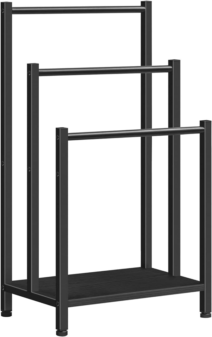 HOOBRO Free Standing Towel Rack, 3 Tier Blanket Rack, Blanket Holder for Bathroom, 16.9" L x 11" W x 31.9" H, Industrial Metal Drying and Display Rack with Shelf, Black BB03LB01
