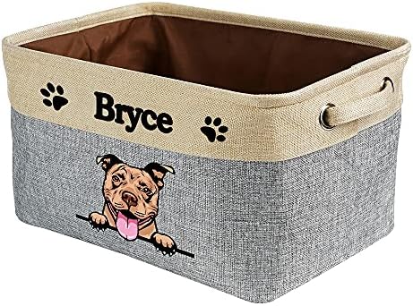 Custom Storage Basket with Lovely Dog Pit Bull Collapsible Sturdy Fabric Pet Toys Fabric Dog Toy Storage Bin Cube with Handles for Organizing, Grey and White