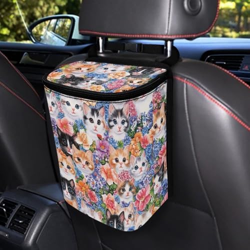 DISNIMO Flower Cats Car Trash Can with Lid Leak Proof Trash Bin Garbage Bag Collapsible Automatic Portable Trash Can Easy to Clean Used in Car Home Office