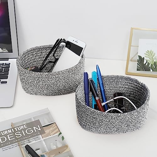 【2 Pack】ABenkle Small Woven Baskets, Tiny Oval Shallow Storage Baskets, Mini Cotton Rope Empty Decorative Basket, Boho Little Organizer Bins for Bathroom, Cat Dog Toy Gifts Baskets