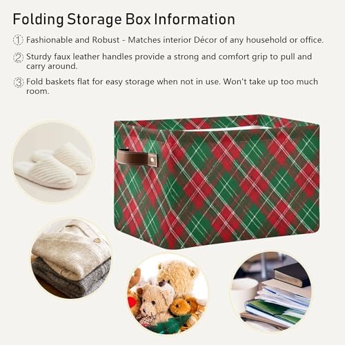 Christmas Buffalo Plaid Storage Basket with Waterproof Liner and PU Handles Winter Green Red Checked Storage Bins Boxes 14.2" Collapsible Decorative Organizer Baskets for Bedroom Closet Office 1 Pack
