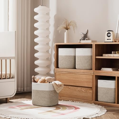 joybest 13inch Cube Storage Bins, Cotton Rope Woven Organizer Basket | Set of 4 Cube Bin Square Shelves Organizer Closet Storage, Nursery, Toy Organization, Brown&White