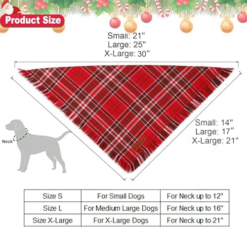 ADOGGYGO Christmas Dog Bandanas with Tassels Edges, Stylish Red Plaid Xmas Scarf, Multiple Sizes, Christmas Bandanas for Medium Large Dogs (Large)