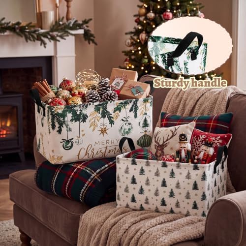 Chunful 4 Pack Christmas Tree Storage Baskets Watercolor Green Pine Snowflake Collapsible Storage Bins with Handles, Merry Christmas Foldable Organizer Laundry Baskets for Home Closet Bedroom Office