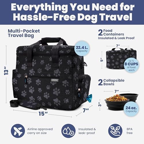 Rubyloo Original Doggy Bag (Paw Print) & 32oz Insulated Water Bottle with Attached 8oz Bowl (Dog Dad) – Dog Travel Bag & Hydration Set