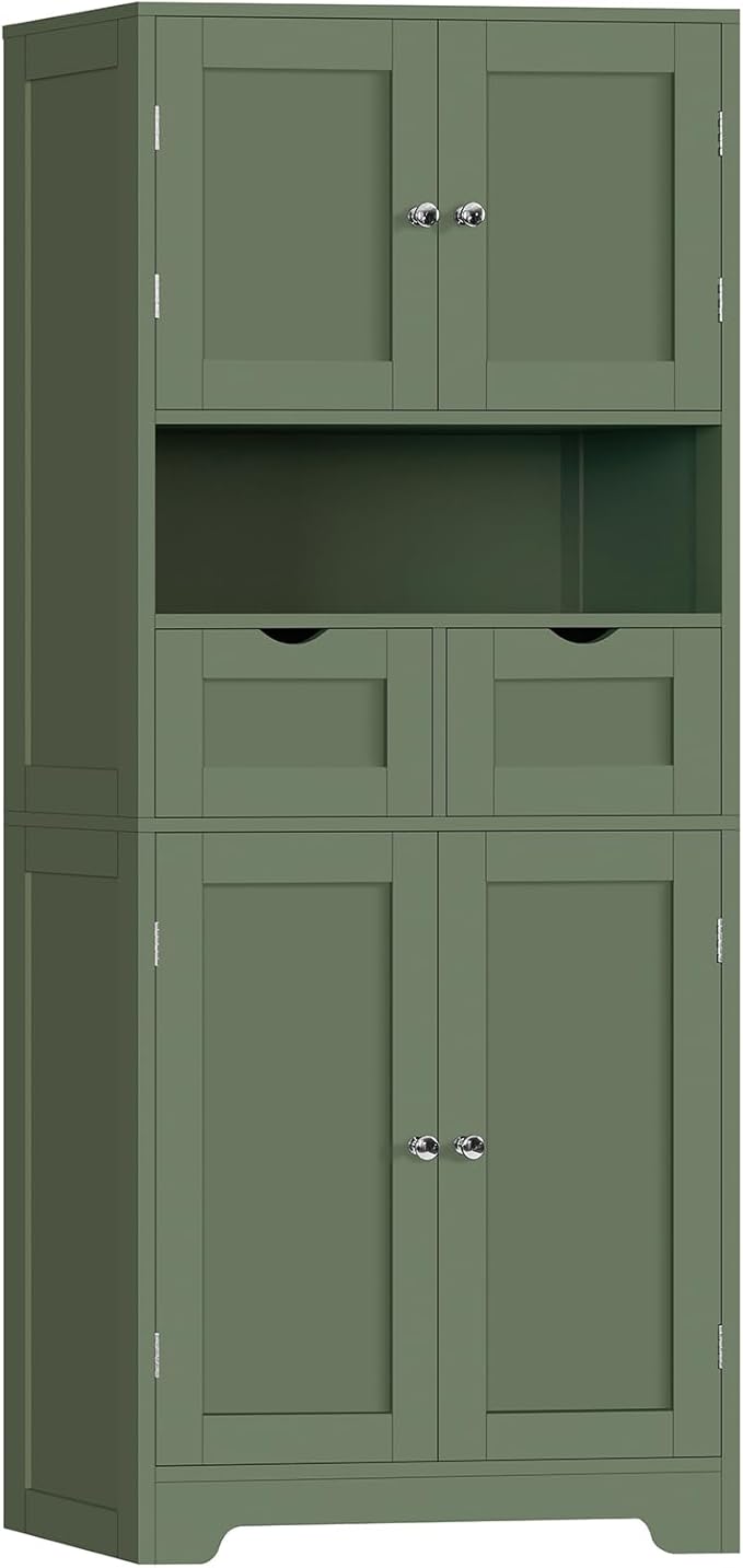 TEENFON 57.8" H Tall Bathroom Storage Cabinet with 2 Drawers & 2 Adjustable Shelves, Floor Cabinet with 4 Doors, Tall Cabinet for Living Room, Dining Room, Entryway, Forest Green